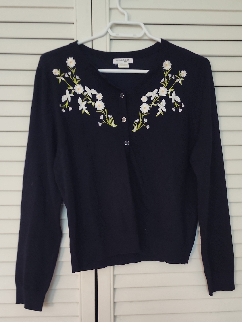 Anna Rose Petite Navy Cardigan with White Floral Embroidery